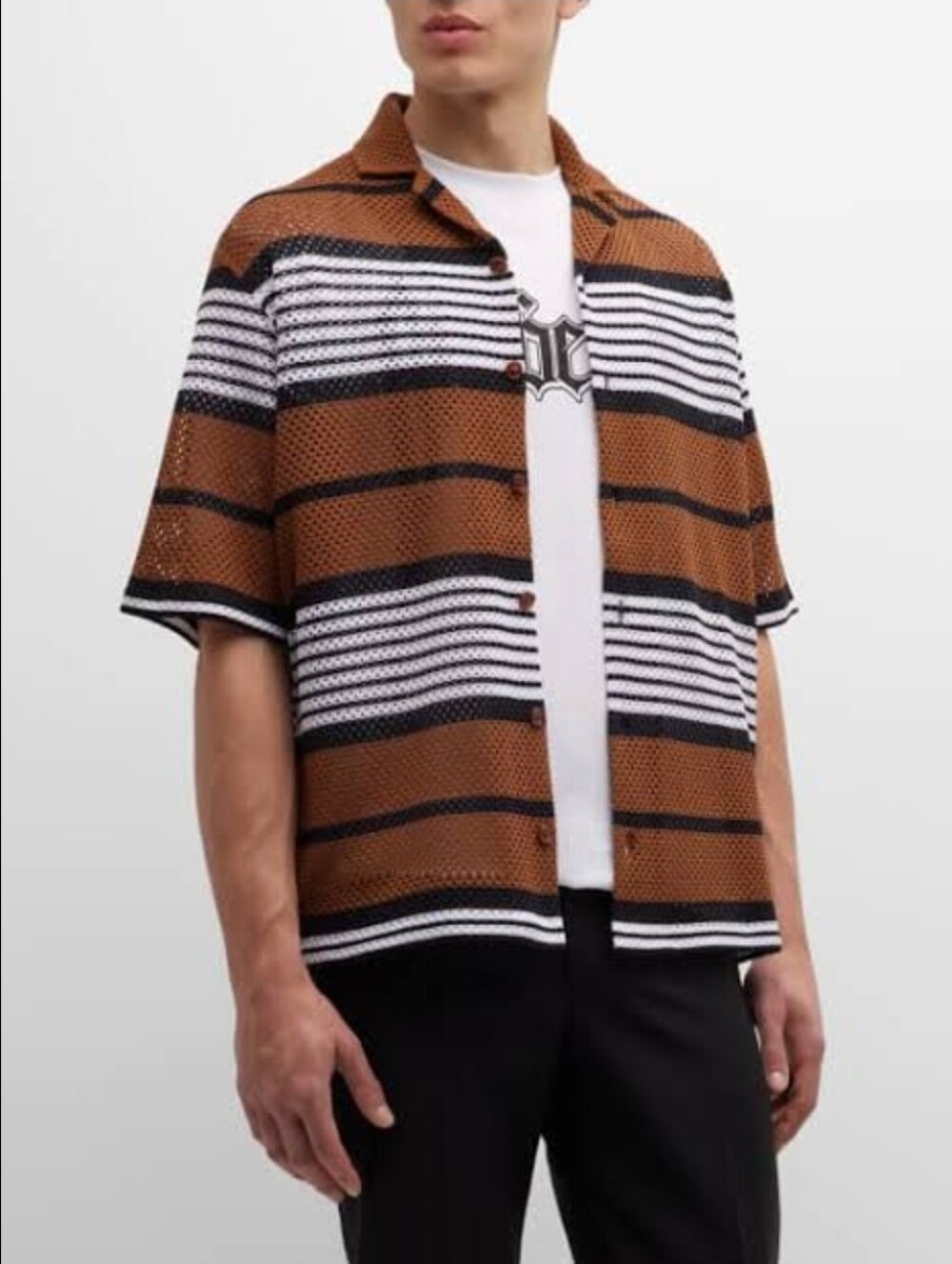 Burberry Brown Striped Mesh Shirt Short Sleeve Oversized